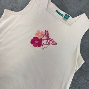 Emerald Isle Cream Square‎ Neck Tank Top Butterfly Floral Embroidery Women's M